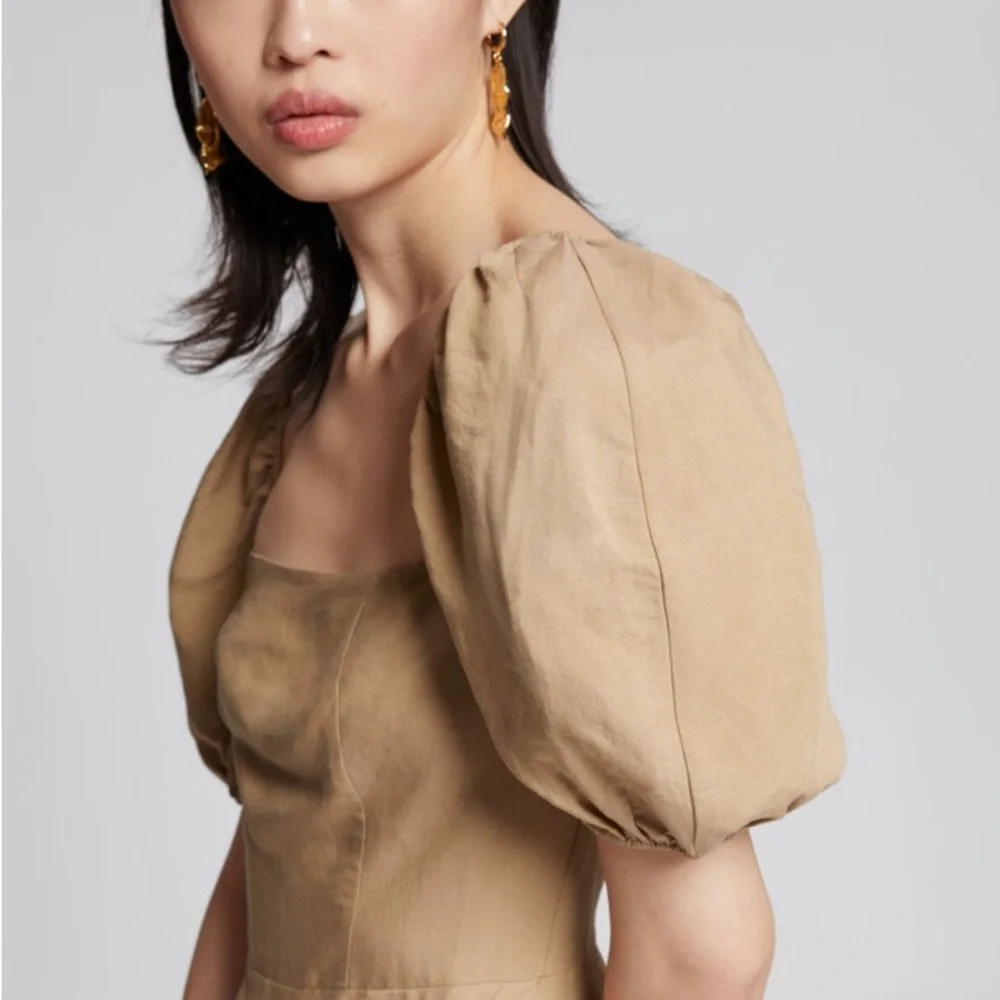 & Other Stories Tan Midi Dress with Puff Sleeves - Picture 6 of 7